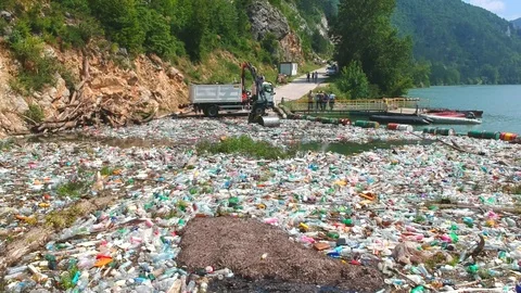 Plastic bottles in a polluted river water Stock Footage 91944224