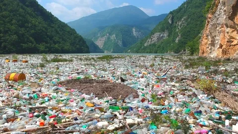 Plastic bottles in a polluted river water Stock Footage 91944354