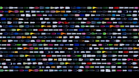 Plastic bottles pollution moving through screen in orderly lines Stock Footage 95551581