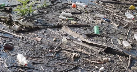 Plastic bottles in the river. Plastic pollution in nature, 4k Stock Footage 142792583