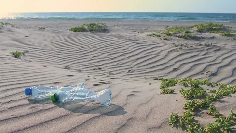 Plastic bottles on the sand at the beach. Long life garbage concept Stock Footage 130809849