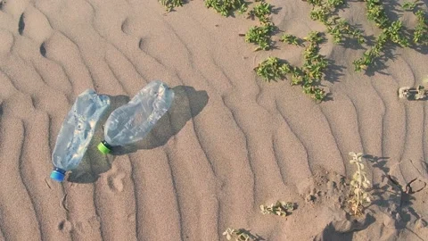 Plastic bottles on the sand at the beach. Long life garbage concept Stock Footage 130809886