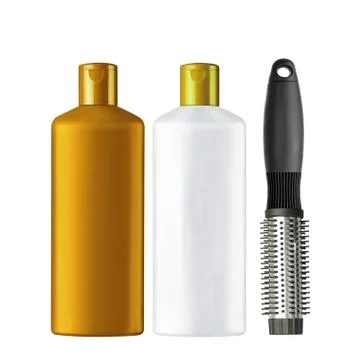 Plastic bottles shampoo and comb isolated on white background Foto stock