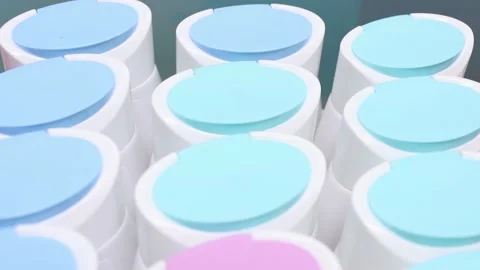 Plastic bottles with shampoo or shower gel standing in a row in a store Video stock 213341920
