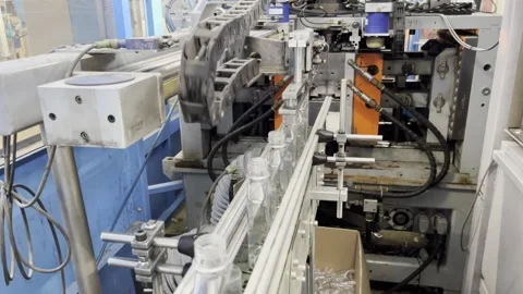 Plastic bottles on the transporter line. Trasparent bottles. Stock Footage 265787881