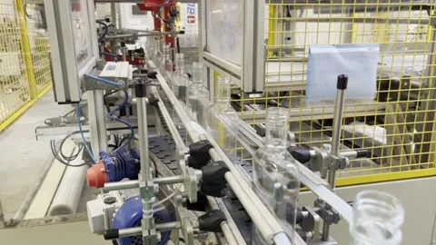 Plastic bottles on trasporter line. Trasparent bottles. Stock Footage 265787482