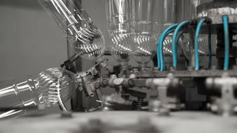 Plastic bottles travel through an automated bottling line for drinking water Stock Footage 161902829