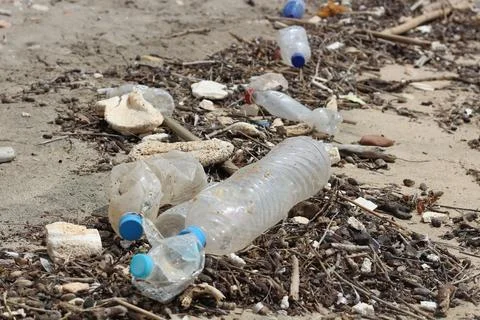 Plastic Bottles Washed Ashore by the Waves on a Polluted Beach Stock Photos