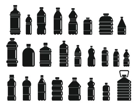 Plastic bottles for water black simple icons set Illustrazione stock