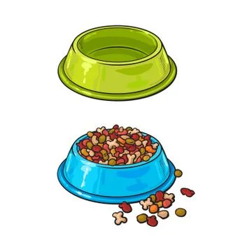 Plastic bowls, empty and filled with pet, cat, dog food Illustrazione stock