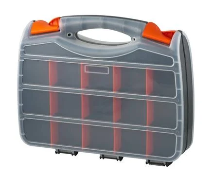 Plastic box of nails and screws Plastic box for nails, screws and tools is... Stock Photos