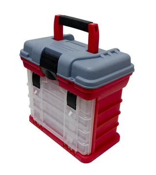 Plastic boxes and containers for storing and carrying tools and various littl Stock Photos