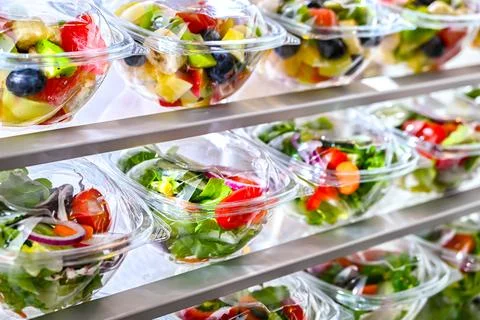 Plastic boxes with pre-packaged fruit and vegetable salads, put up for sale i Stock Photos