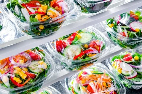 Plastic boxes with pre-packaged vegetable salads, put up for sale in a commer Stock Photos