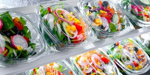 Plastic boxes with pre-packaged vegetable salads, put up for sale in a commer Stock Photos