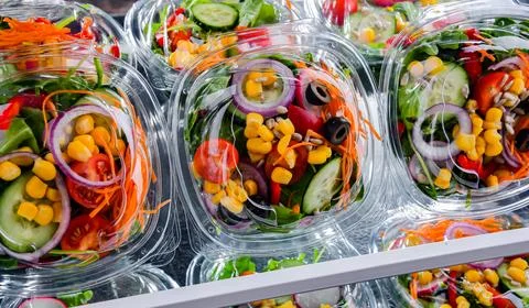 Plastic boxes with pre-packaged vegetable salads, put up for sale in a commer Stock Photos