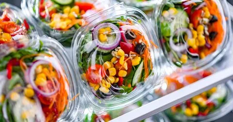 Plastic boxes with pre-packaged vegetable salads, put up for sale in a commer Stock Photos