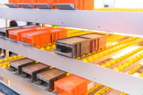 Plastic boxes on the roller conveyor. Modern warehouse equipment. Stock Photos