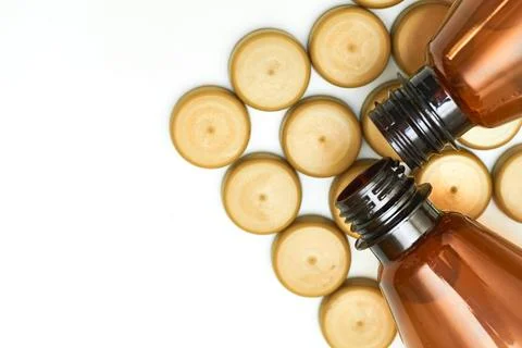 Plastic brown bottles with corks for beer, kvass, lemonade, ale, malt Stock Photos