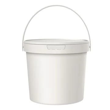 Plastic bucket container mockup, with raised handle, closed lid. Illustration