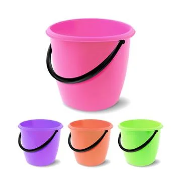 Plastic Bucket Vector. Bucketful Different Colors. Classic Jar With Handle Illustration
