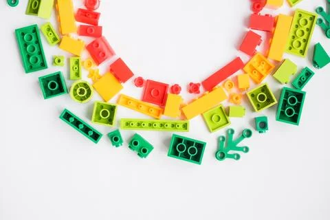 Plastic building blocks pattern on white background, Colorful toy bricks fo.. Stock-Fotos