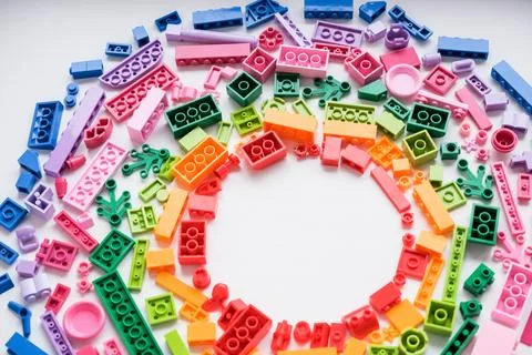 Plastic building blocks pattern on white background, Colorful toy bricks fo.. Stock Photos