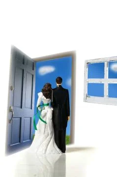 Plastic cake-topper wedding couple looking out a door Ilustração Stock