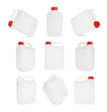 Plastic canister on white background, collage. View from different sides Photos