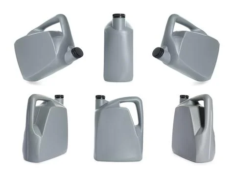 Plastic canister on white background, collage. View from different sides Photos