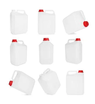 Plastic canister on white background, collage. View from different sides Photos