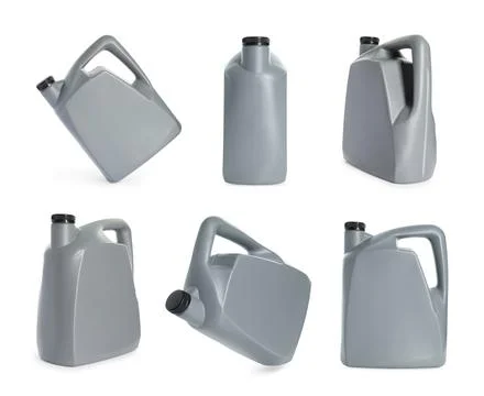 Plastic canister on white background, collage. View from different sides Photos