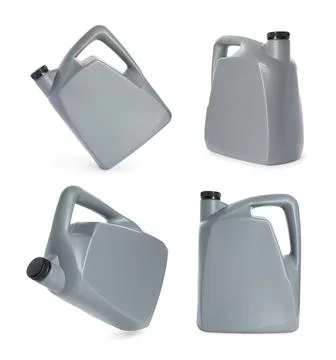 Plastic canister on white background, collage. View from different sides Photos