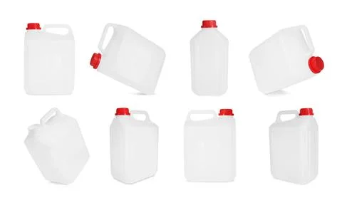 Plastic canister on white background, collage. View from different sides Photos