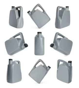 Plastic canister on white background, collage. View from different sides Photos