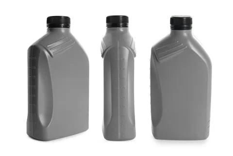 Plastic canister on white background, collage. View from different sides Stock Photos