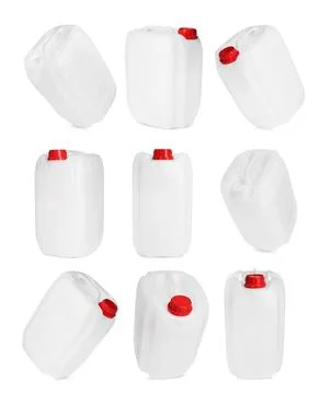 Plastic canister on white background, collage. View from different sides Stock Photos