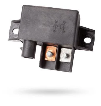 Plastic car engine control unit with connector soaring on a white isolated .. Stock Illustration