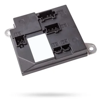 Plastic car engine control unit with connector soaring on a white isolated .. Stock Illustration