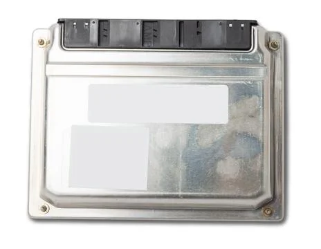 Plastic car engine control unit with metal elements on a white isolated backg Stock Photos