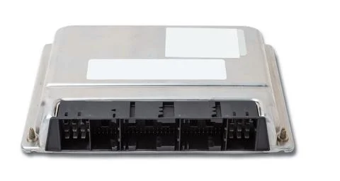 Plastic car engine control unit with metal elements on a white isolated backg Stock Photos