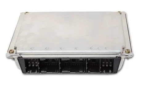 Plastic car engine control unit with metal elements on a white isolated backg Stock Photos