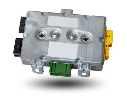 Plastic car engine control unit with metal elements on a white isolated backg Stock Photos