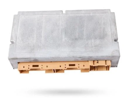 Plastic car engine control unit with metal elements on a white isolated bac.. Stock Photos