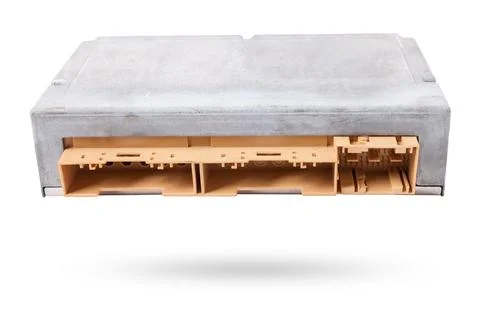 Plastic car engine control unit with metal elements on a white isolated bac.. Stock Photos