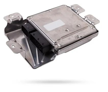 Plastic car engine control unit with metal elements on a white isolated bac.. Stock Photos