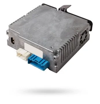 Plastic car engine control unit with metal elements on a white isolated bac.. Stock Photos