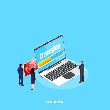 Plastic card inserted in the laptop and people in business suits, isometric i Stock Illustration