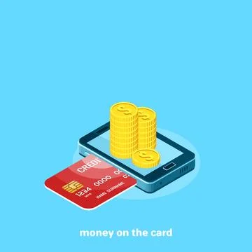 Plastic card inserted into the smartphone and gold coins, isometric image Stock Illustration