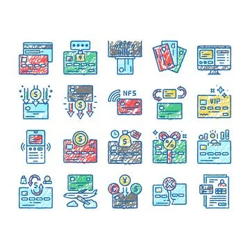 Plastic Card Payment set Icons hand drawn Stock Illustration